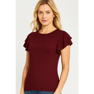 ON 34TH Shirt Womens Large Port Royale Burgundy Ribbed Flutter Sleeve Top